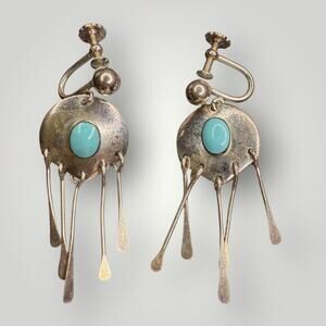 Vintage Sterling Silver Turquoise Dangle Earrings Screw Back 925 NF
